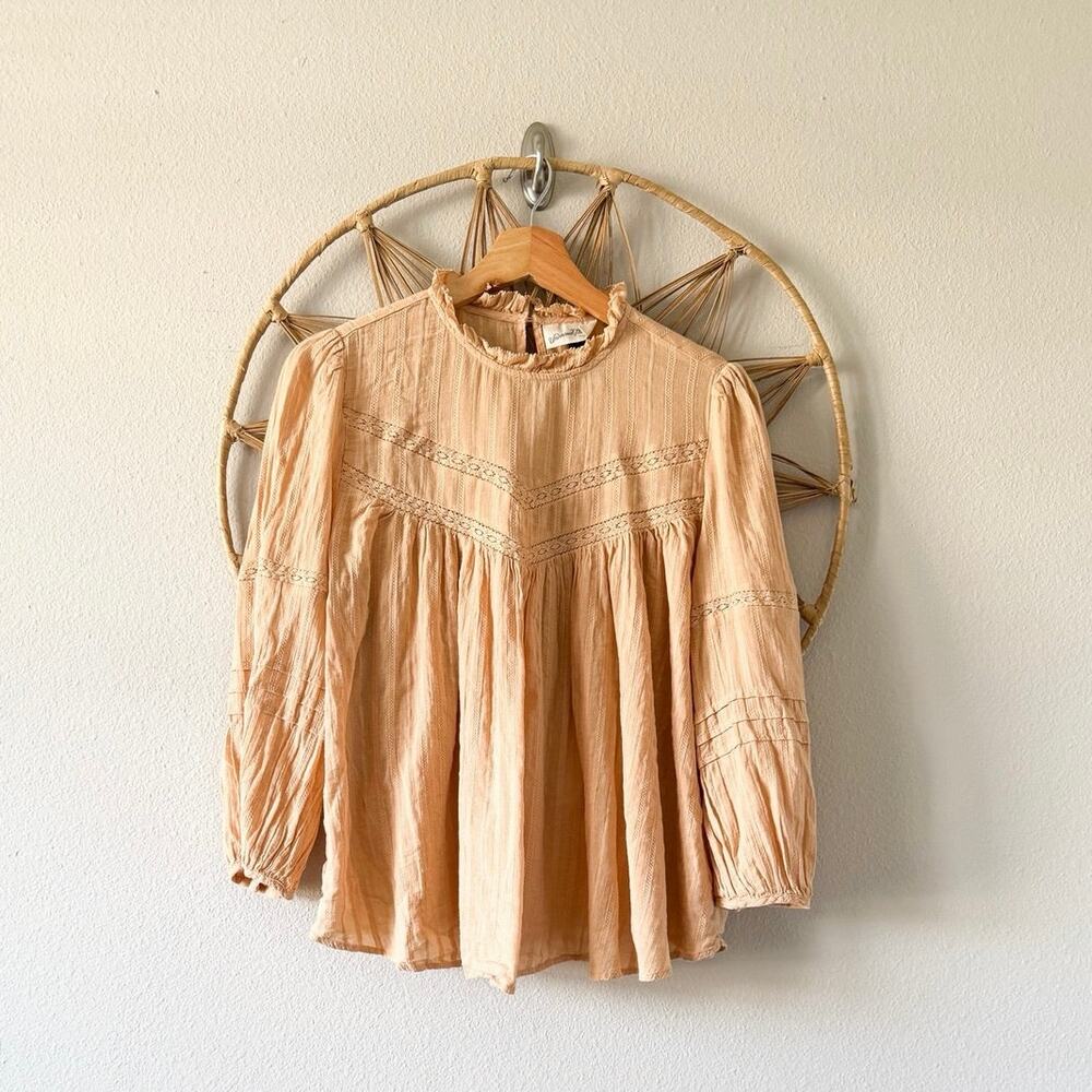 Pastel Light Orange Cotton Victorian Cottagecore Boho Flowy Crochet Top Blouse M
